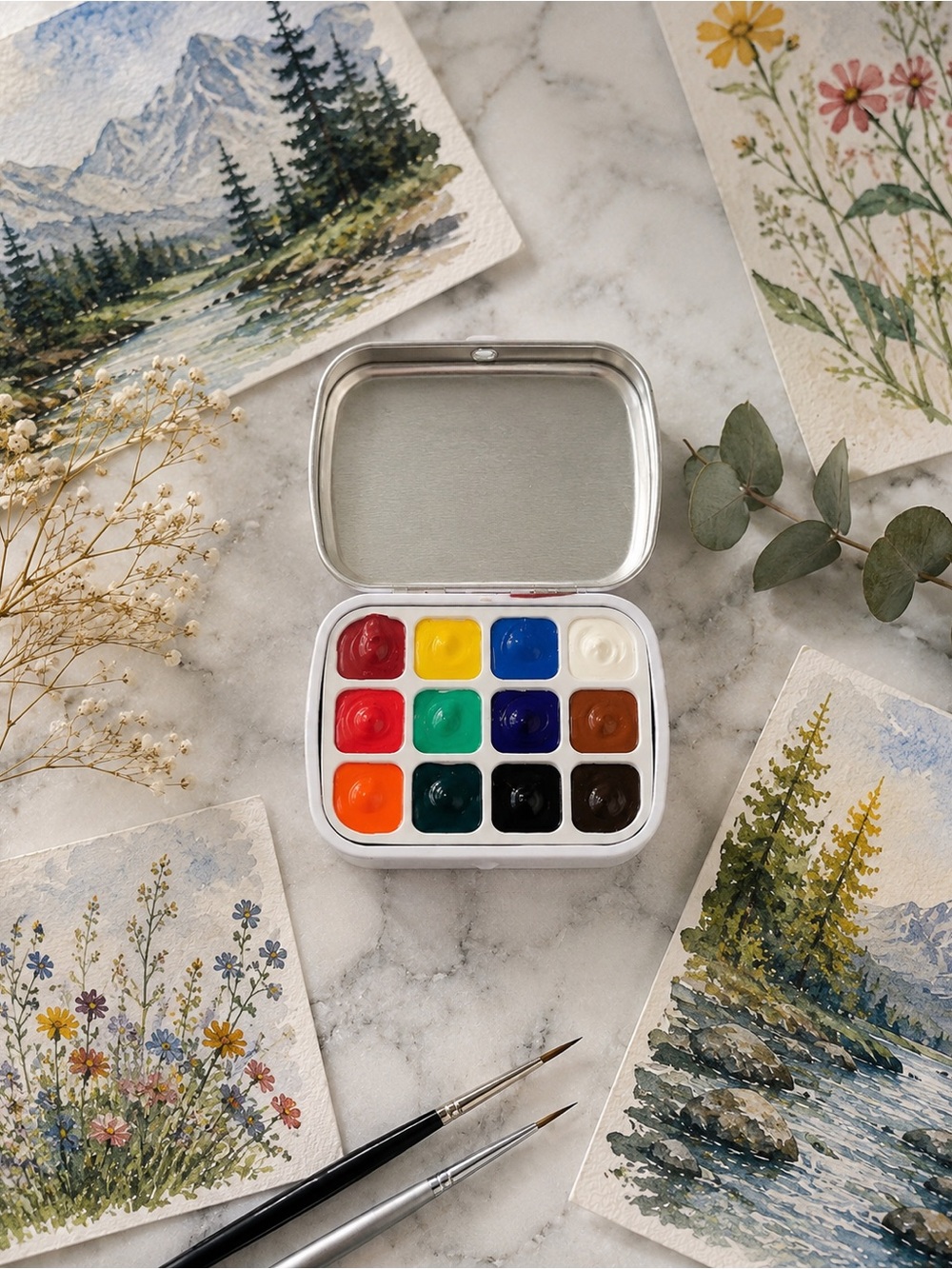 12-Color Handmade Watercolor Mini Palette – White Tin